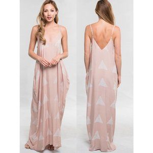 NWT LOVE STITCH Nude Block Hand Printed Cocoon Maxi Dress w/ Pockets Slouchy S/M